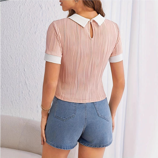 Brisella Contrast Lapel Short Sleeve Top with Slim Fit