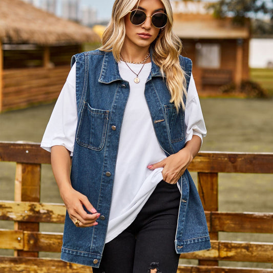 Brelyra Button-Up Denim Vest with Pockets