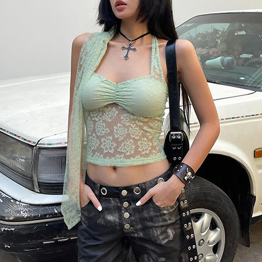 Cyorra Lace Backless Halter Crop Top with Strapless Fit