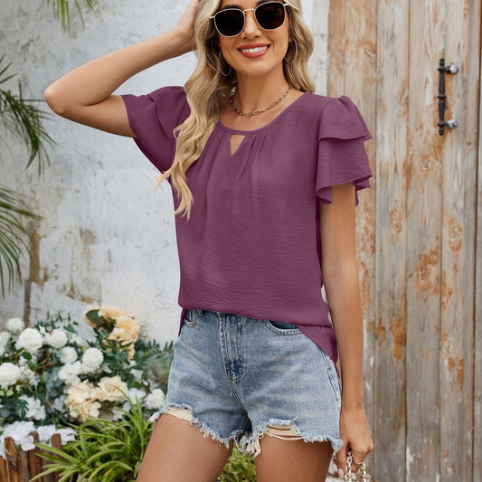 Fayorae V-Neck Hollow Chiffon Blouse with Double-Layer Sleeves