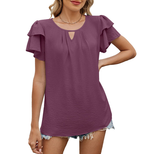 Fayorae V-Neck Hollow Chiffon Blouse with Double-Layer Sleeves